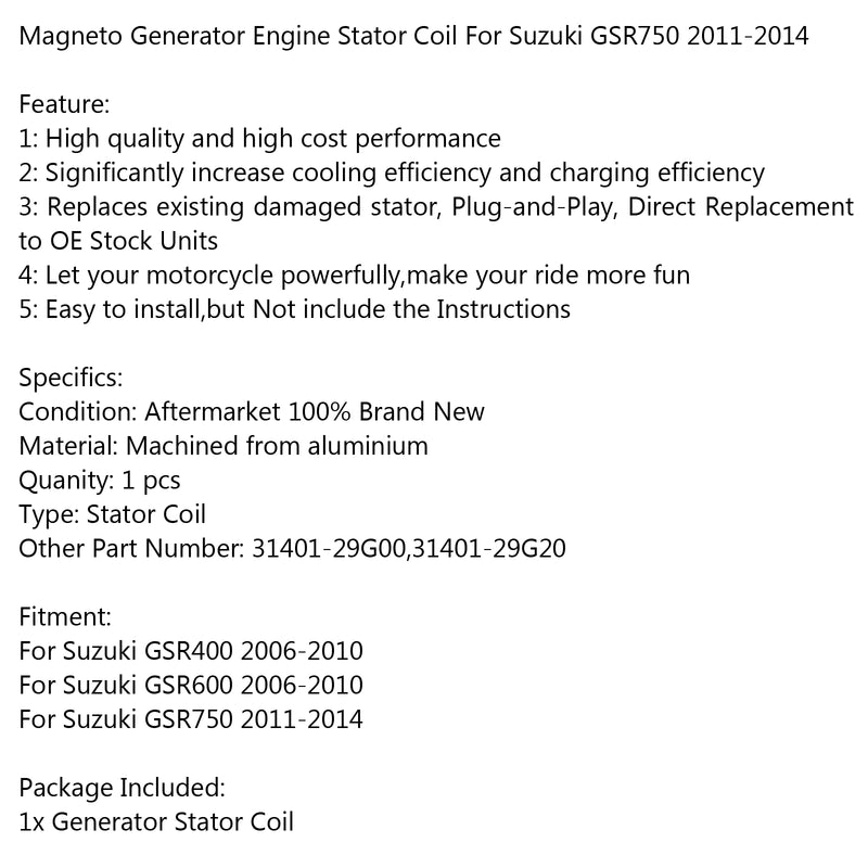 Generator Stator Coil For Suzuki GSR400 (06-10) GSR600 (06-10) GSR750 (11-14) Generic