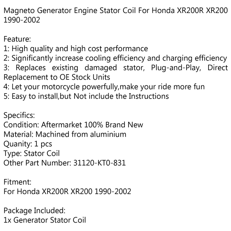 Generator Stator Coil 31120-KT0-831 For Honda XR200R XR200 (90-2002) Generic