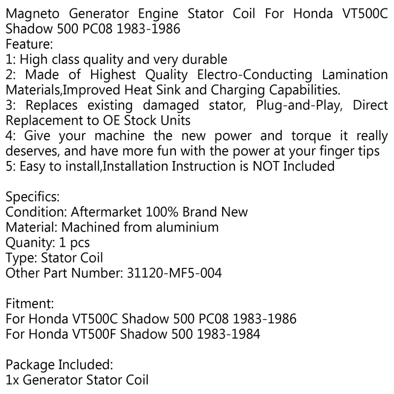 Generator Stator Coil For Honda VT500C Shadow 500 PC08 (83-86) VT500F Shadow 500 Generic