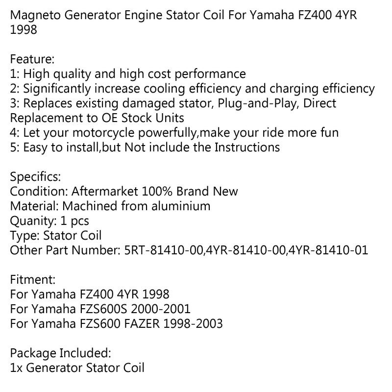 Generator Stator Coil For Yamaha FZS600 FAZER (98-2003) FZS600S (00-01) Generic