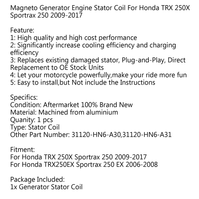 Generator Stator Coil 31120-HN6-A31 For Honda TRX250EX Sportrax 250 EX (06-08) Generic
