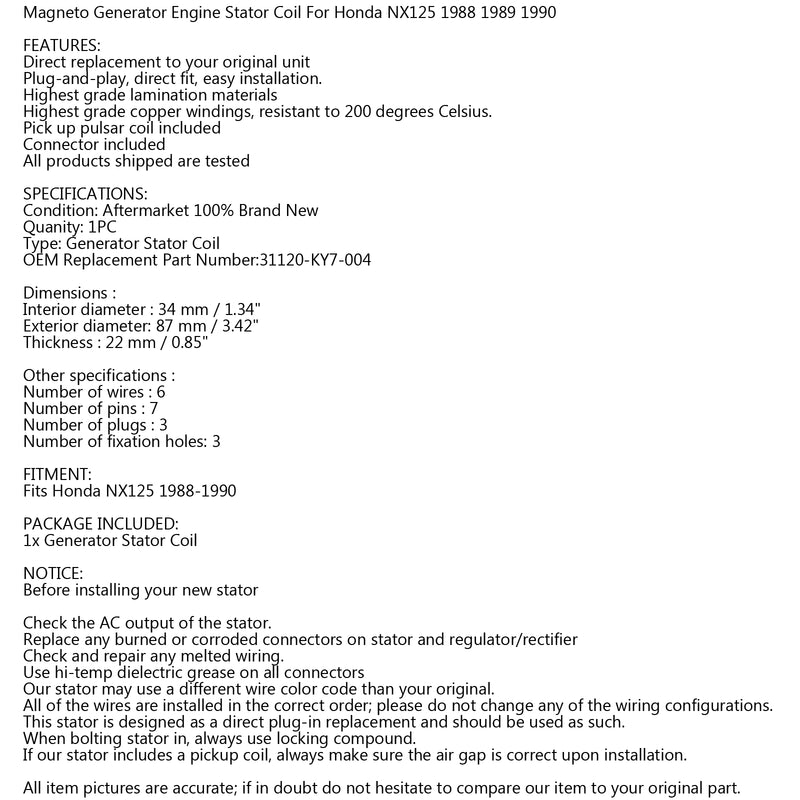 Magneto Generator Stator Coil For Honda NX125 31120-KY7-004 1988 1989 1990 Generic