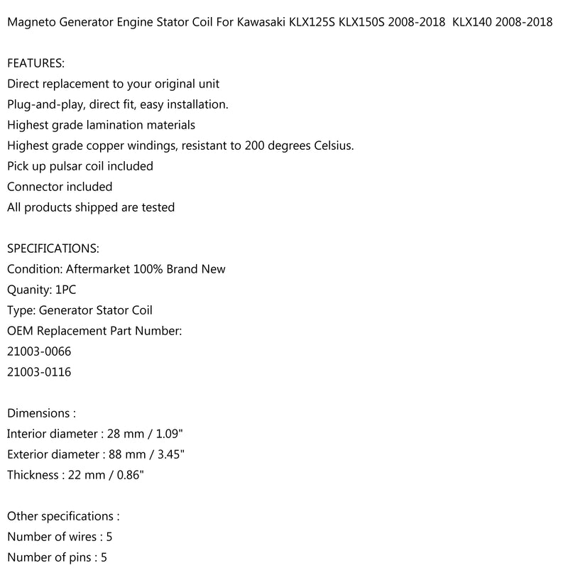 Magneto Generator Stator Coil For Kawasaki KLX125S KLX150S KLX140 L A G 08-18 Generic
