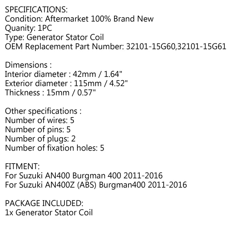 Generator Stator For Suzuki Burgman 400 AN400 AN400Z ABS 2011-2016 32101-15G61 Generic