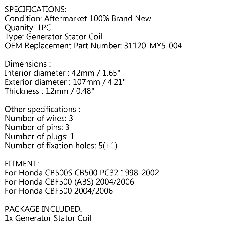 Generator Stator For Honda CB500S CB500 PC32 1998-2002 CBF500 ABS 2004/2006 Generic