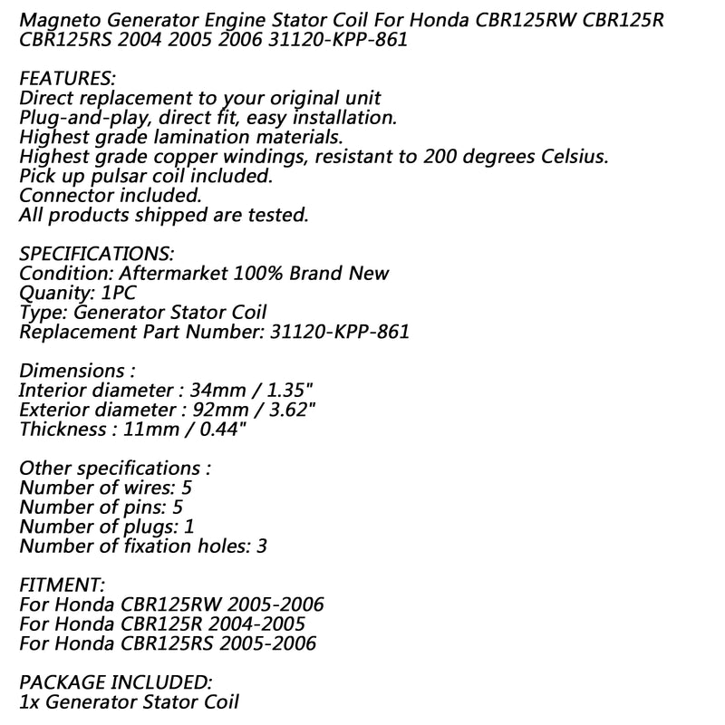 Generator Stator Coil 18 Poles For Honda CBR 125 CBR125RW CBR125RS CBR125R 04-06 Generic