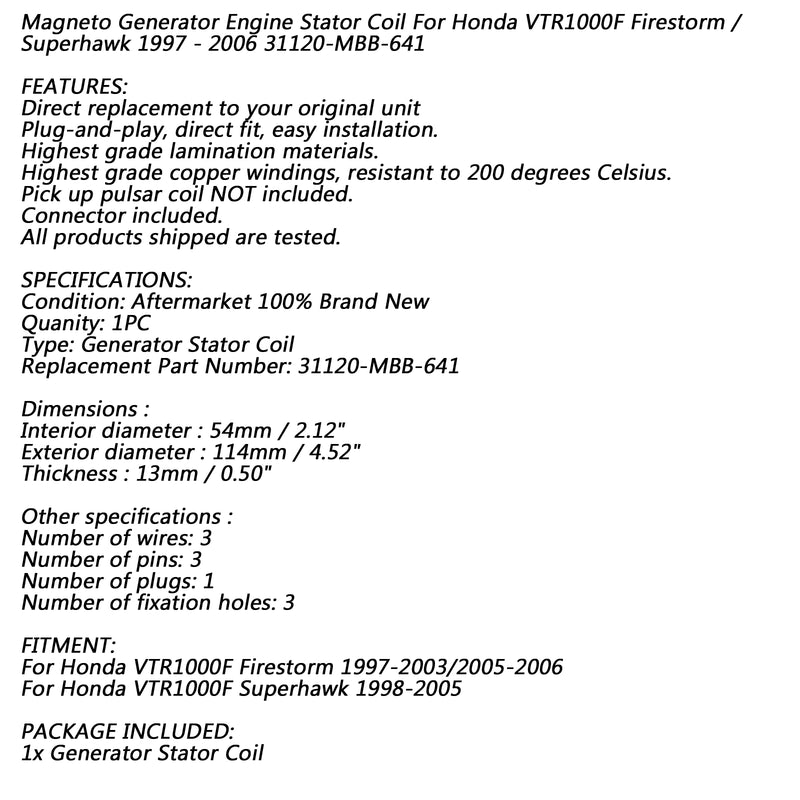 Stator Coil 18 Poles For Honda VTR1000F Firestorm/Superhawk 1997-2003/2005-2006 Generic
