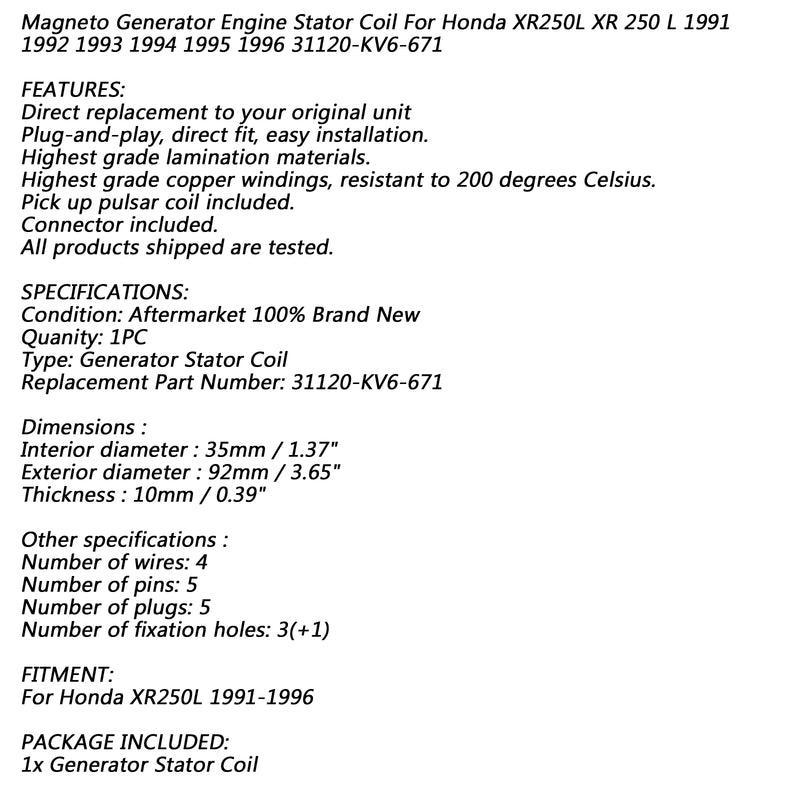 Alternator Magneto Stator Coil 18 Poles For Honda XR 250 L XR250L 1991-1996 Generic