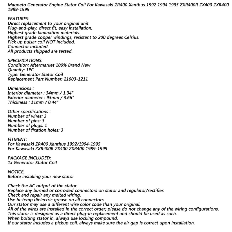 Alternator Stator Coil For Kawasaki ZXR400R ZX400 ZXR400 ZR400 89-99 21003-1211 Generic