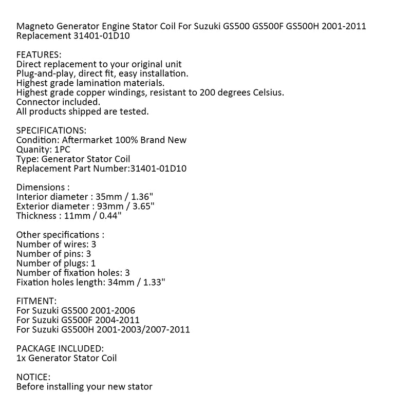 Alternator Stator Coil For Suzuki GS500 GS500F GS500H 2001-2011 Repl.31401-01D10 Generic