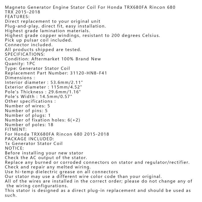 Stator Generator Fit for Honda 31120-HN8-F41 2015-2021 TRX680 FA RINCON Generic