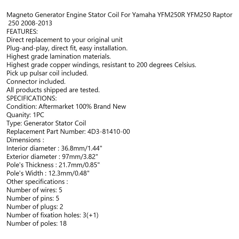Generator Stator For Yamaha Raptor 250 YFM250 YFM250R 2008-2013 4D3-81410-00 Generic