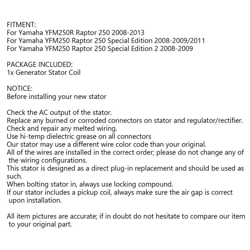 Generator Stator For Yamaha Raptor 250 YFM250 YFM250R 2008-2013 4D3-81410-00 Generic