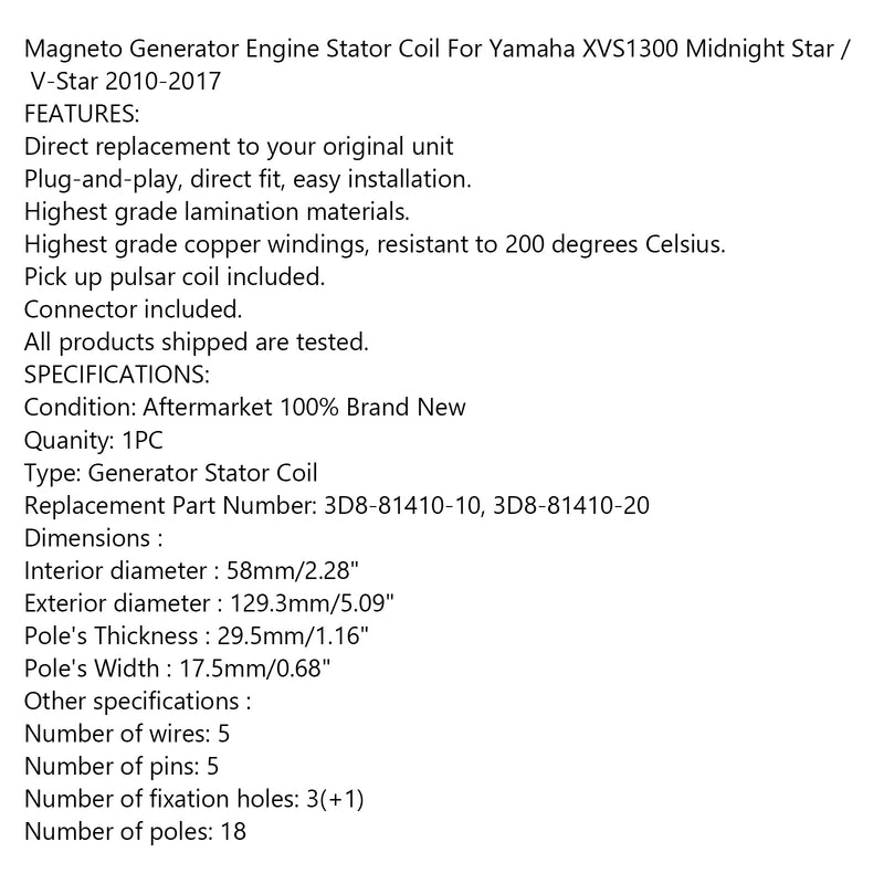 Generator Stator For Yamaha XVS1300 V-Star / Midnight Star 10-17 3D8-81410-10 Generic