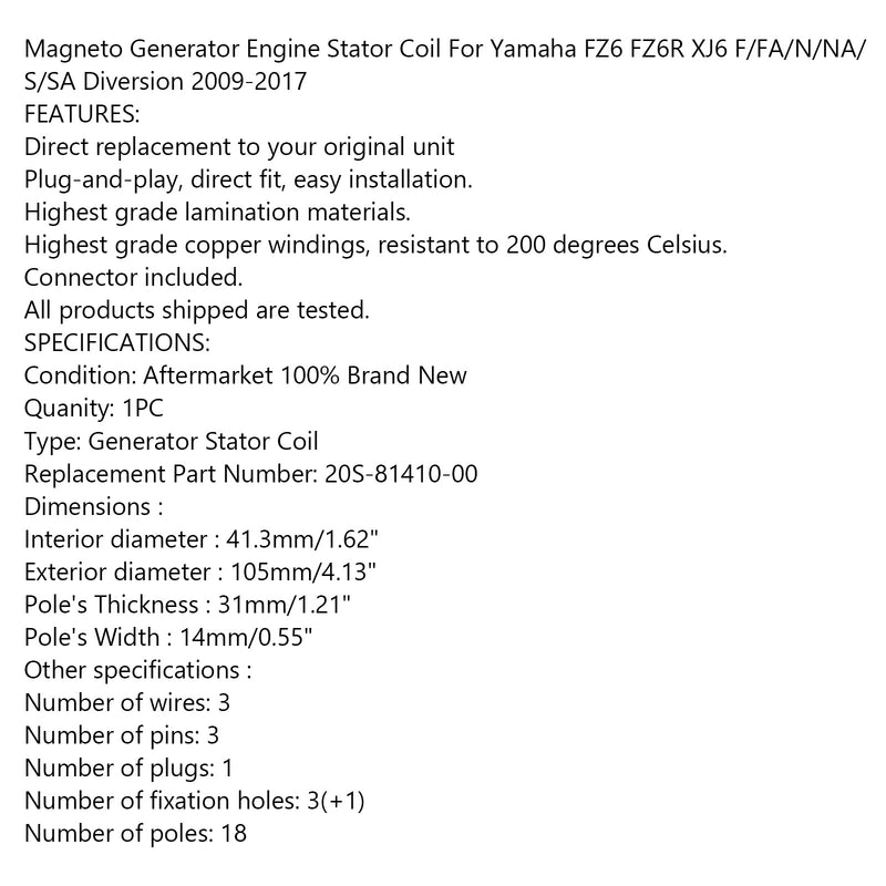 Generator Stator For Yamaha XJ6 XJ6F XJ6N XJ6S Diversion 09-17 20S-81410-00 Generic