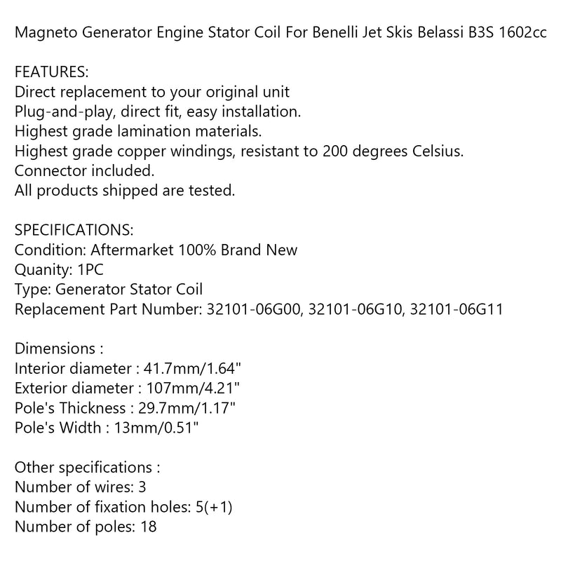 Generator Stator Coil 18 Poles For Jet Skis Benelli Belassi B3S 1602cc Generic