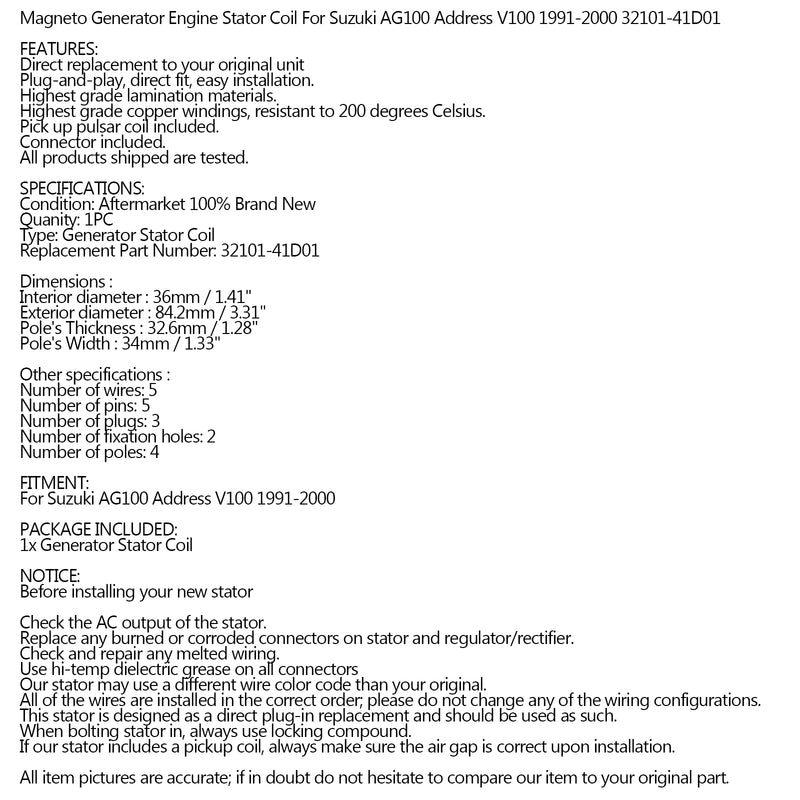 Magneto Stator Coil For Suzuki AG100 Address V100 1991-2000 Ref.32101-41D01 Generic