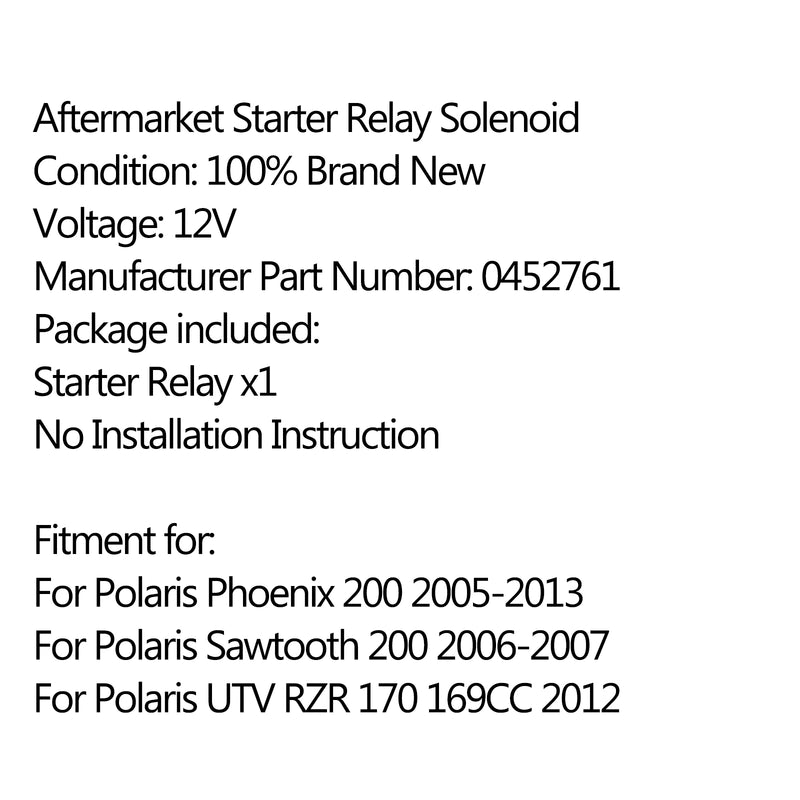 Starter Relay Solenoid For POLARIS RZR 170 2009-2015 2010 2011 2012 2013 0452761 Generic