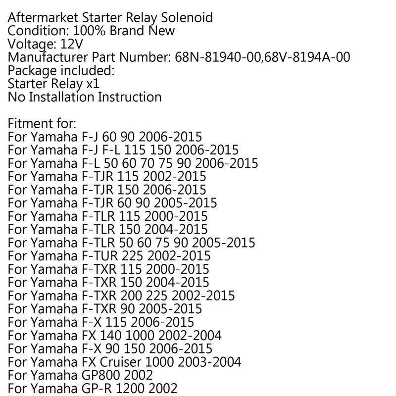 Starter Relay Solenoid 68N-81940-00-00 For Yamaha F-J F-L FX 60 70 75 Z-TXR SUV Generic