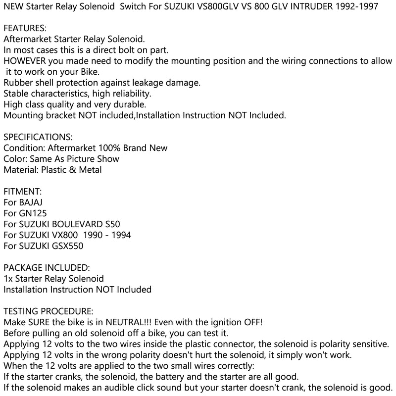 Starter Solenoid Relay For SUZUKI VS800GLV VS 800 GLV INTRUDER 1992-1997 Motor Generic