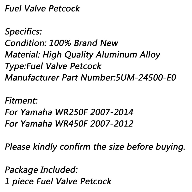 Fuel Petrol Valve Petcock for Yamaha WR250F 2007-14 WR450F 2007-12 5UM-24500-E0 Generic