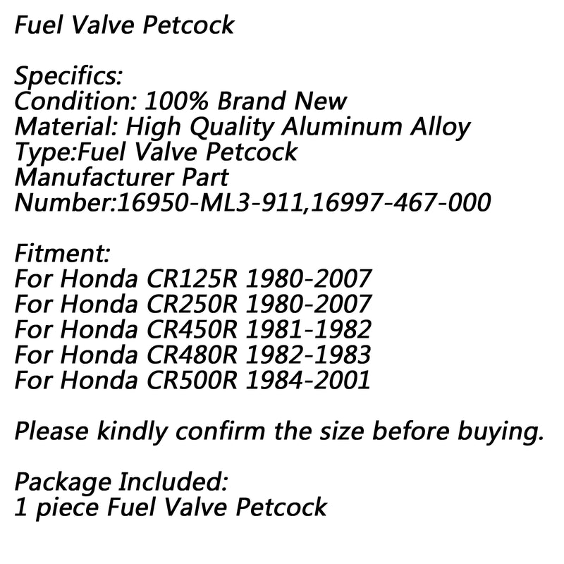 Fuel Petcock Switch For Honda 16950-ML3-911 CR125R CR250R CR450R CR480R CR500R Generic