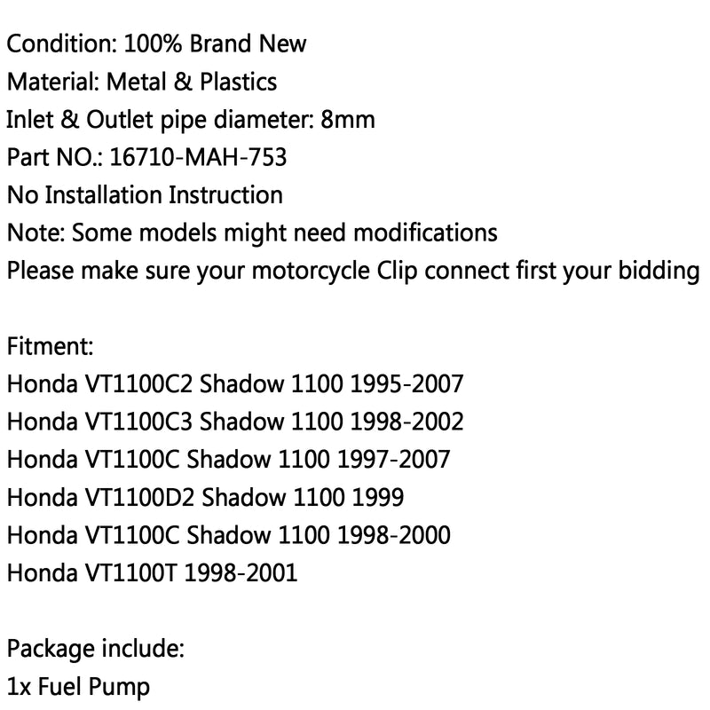 New Fuel Pump For Honda Shadow VT1100C VT1100C2 VT1100C3 1100 VT1100 1999 2002 Generic