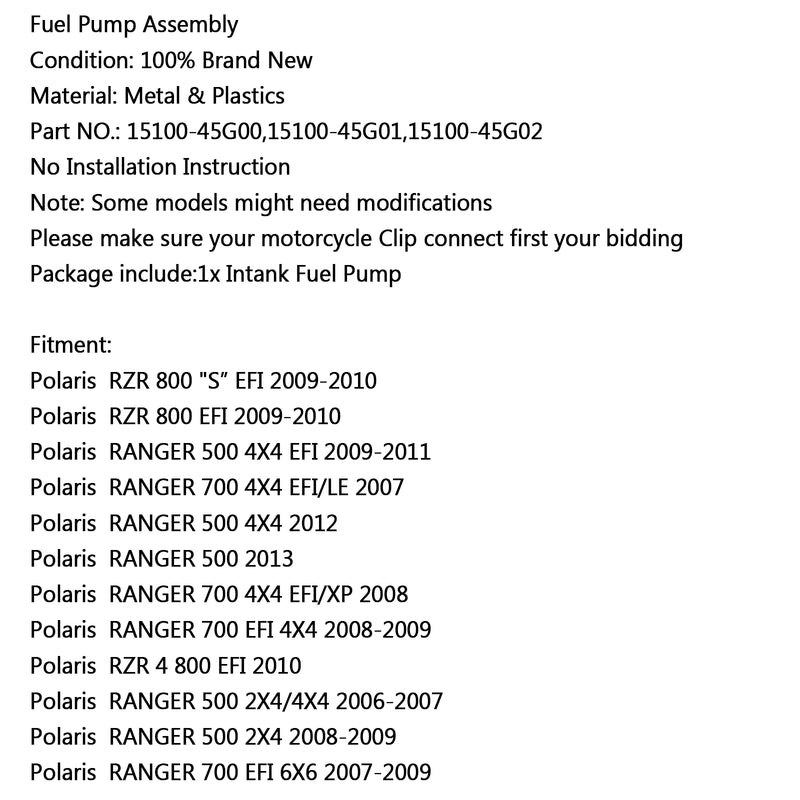 New Fuel Pump For HPolaris  RZR 800 S EFI 09-10 700 4X4 EFI/LE 500 2X4 2006 Generic