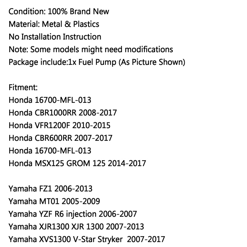 Intank Fuel Pump For Honda 16700-MFL-013 CBR600RR VFR1200F CBR1000RR MSX125 Generic