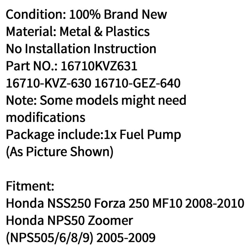 Fuel Pump Assembly Left Outlet Fit for Honda NSS250 Forza 250 MF10 2008 2009 2010 Generic