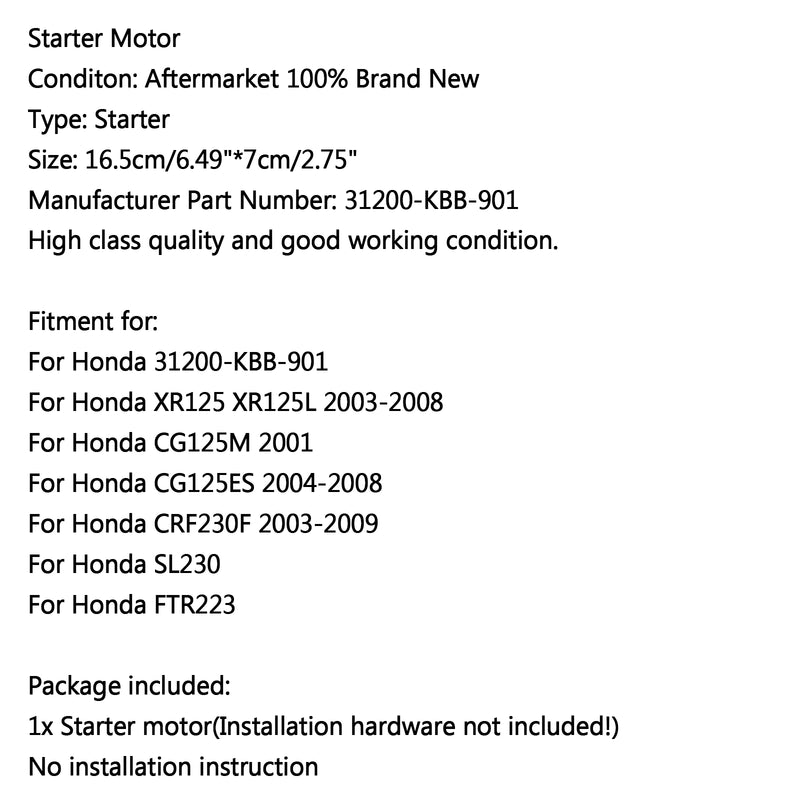 Motor Starter For Honda XR125 XR125L 03-08 CG125M 2001 CRF230F SL230 FTR223 Generic