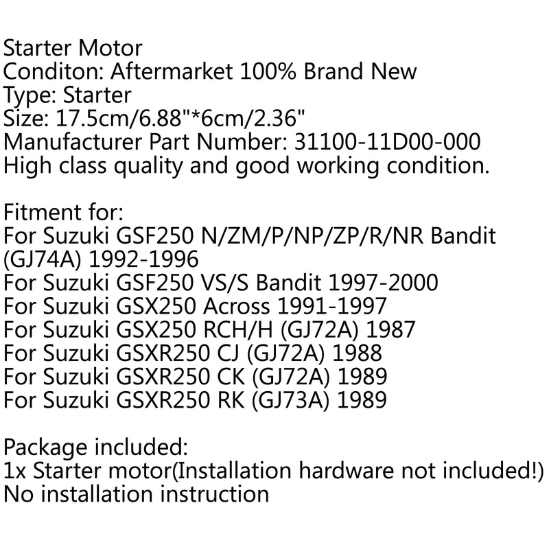 Motor Starter For Suzuki GSF250 VS/S Bandit 1997-2000 GSX250 Across 1991-1997 Generic