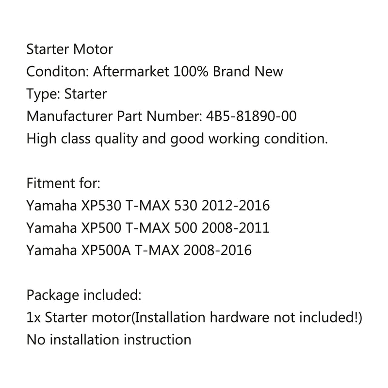 Motor Starter For Yamaha XP530 T-MAX 530 2012-2016 XP500 T-MAX 500 2008-2011 Generic