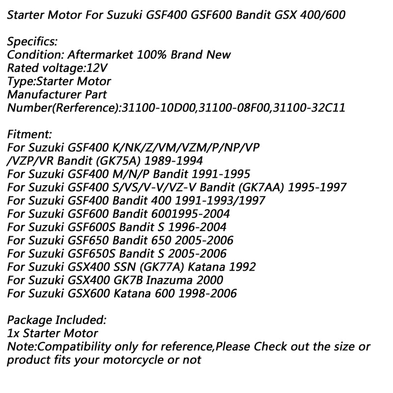 Electric Starter Motor for Suzuki GSF400 91-95 GSF600 Bandit GSX 400 600 GSF650 Generic