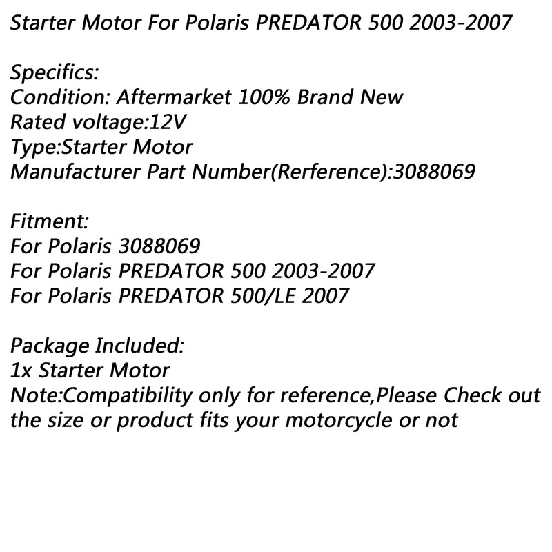 Electric Starter Motor for Polaris PREDATOR 500 2003-2007 PREDATOR 500/LE 2007 Generic