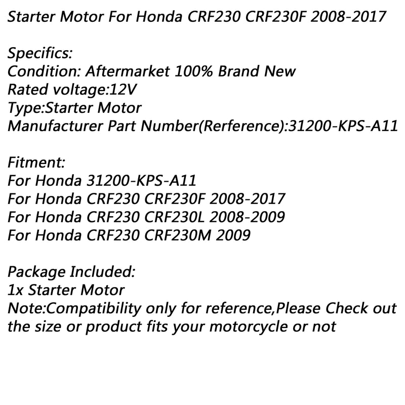 Electric Starter Motor for Honda CRF230 CRF230F 08-17 CRF230L 08-09 CRF230M 2009 Generic