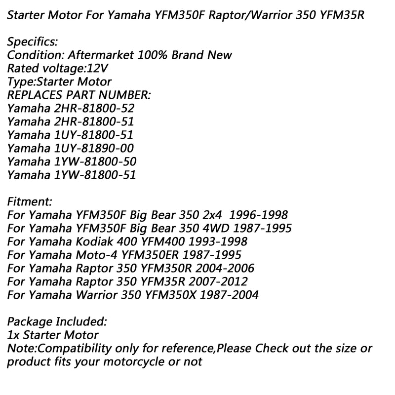 Electric Starter Motor for Yamaha YFM350F Big Bear 350 4WD YFM350R Raptor Moto-4 Generic