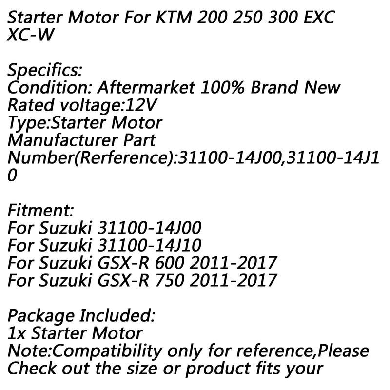 Electric Starter Motor for Suzuki GSX-R 600 GSX-R750 2011-2017 2012 2015 Generic