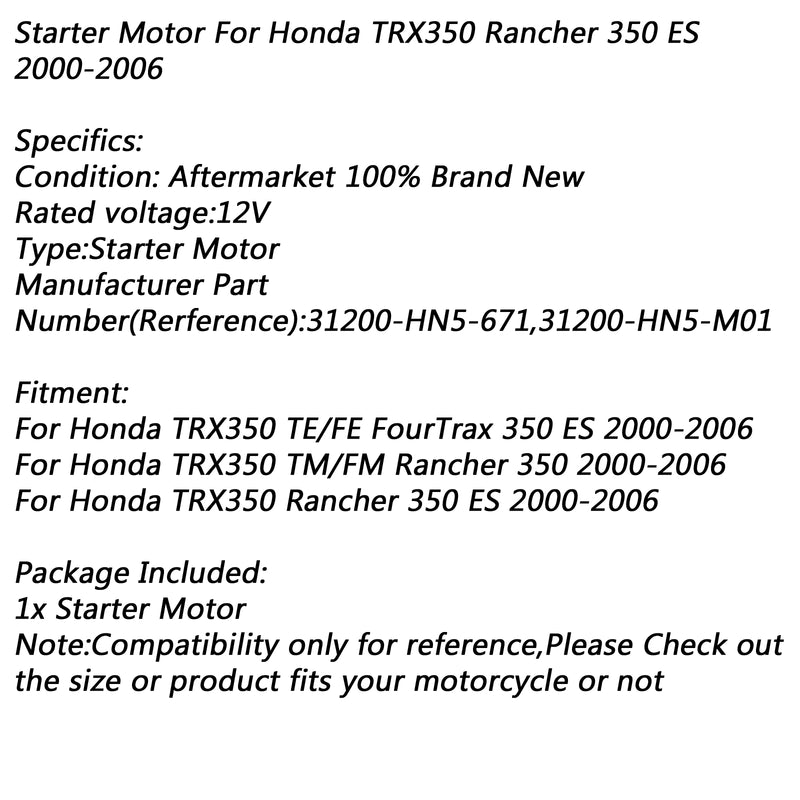Electric Starter Motor for Honda TRX350 TE/FE FourTrax 350 TM/FM Rancher 2006 Generic
