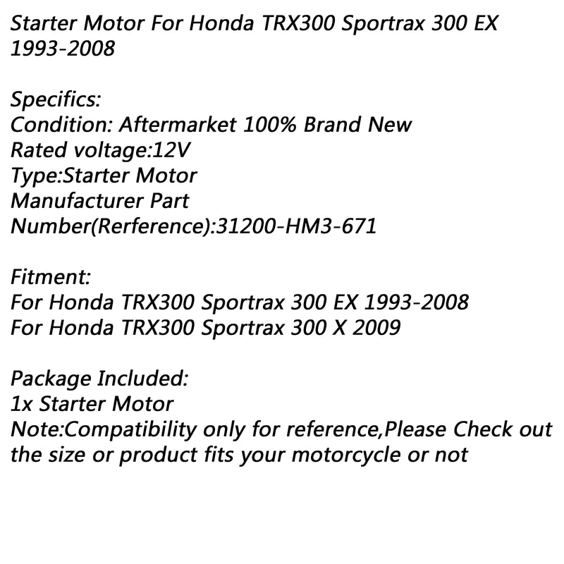 Electric Starter Motor for Honda TRX300 Sportrax 300 X 2009 31200-HM3-671 Generic
