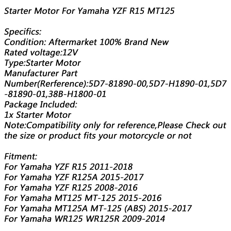 STARTER Motor For Yamaha MT125 MT-125 15-16 YZF R15 R125 WR125 WR125R 2009-2014 Generic
