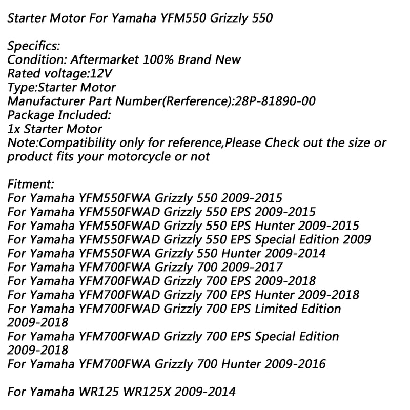 Electric Starter Motor for Yamaha YFM550FWA Grizzly 550 09-15 YFM700 EPS Hunter Generic
