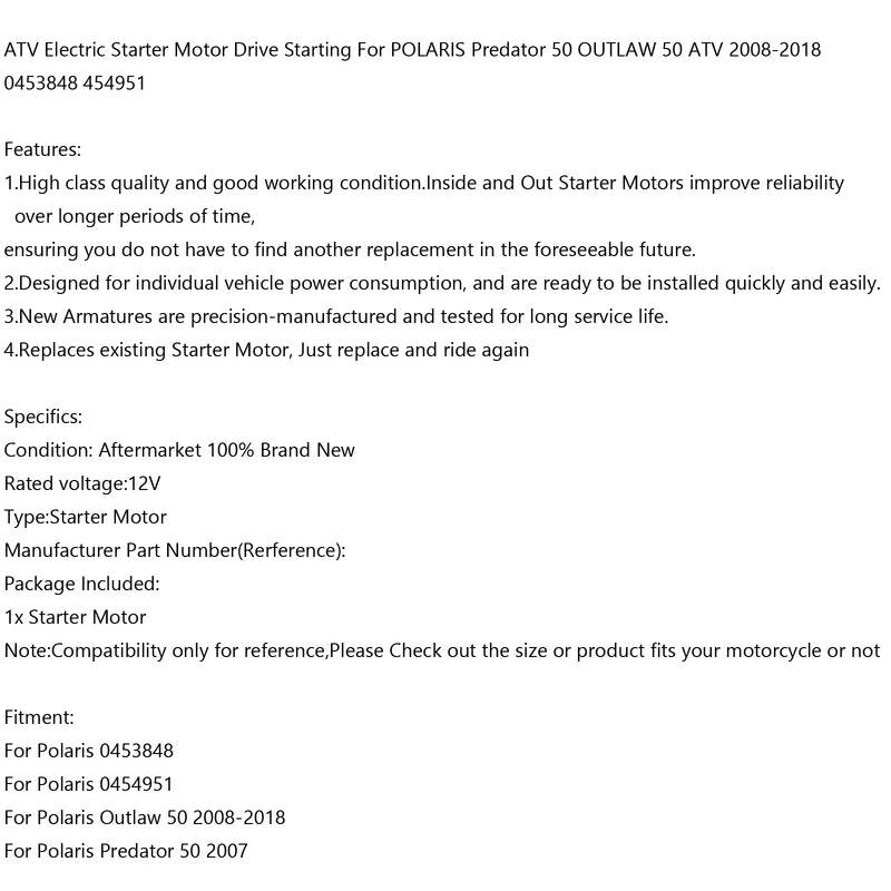 ATV Starter Motor For POLARIS Predator 50 OUTLAW 50 ATV 2008-2018 0453848 454951 Generic