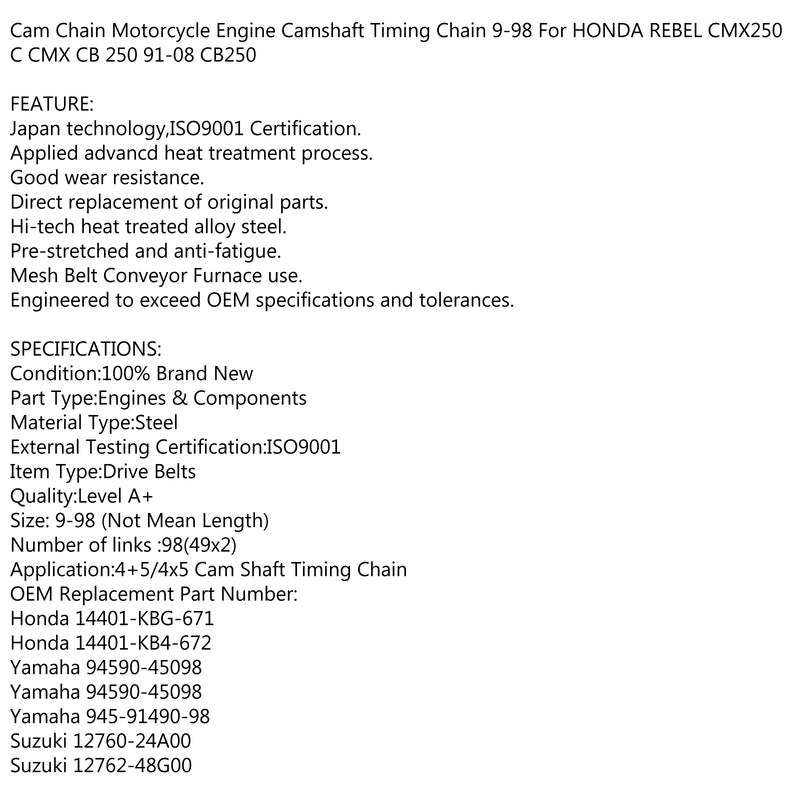 Timing Cam Chain 98L For Honda CMX250C Rebel Yamaha XV1000 Virago Suzuki VLR1800 Generic