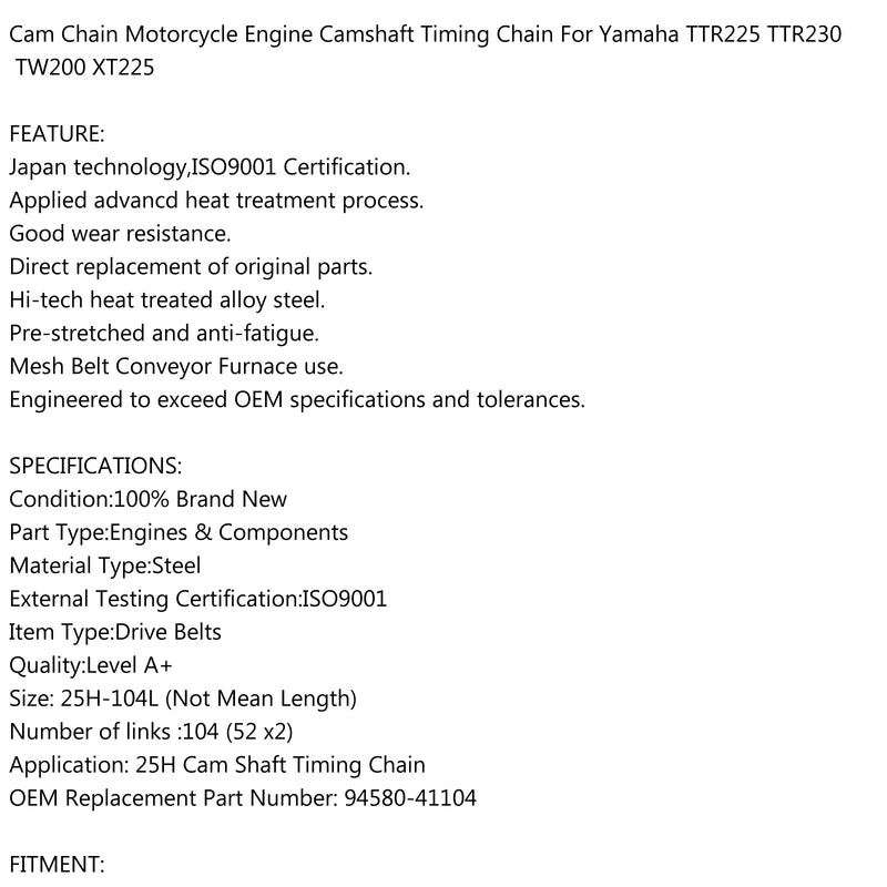 Timing Cam Chain 25H-104L For Yamaha TTR225 TTR230 Tw200 Xt225 94580-41104 Generic