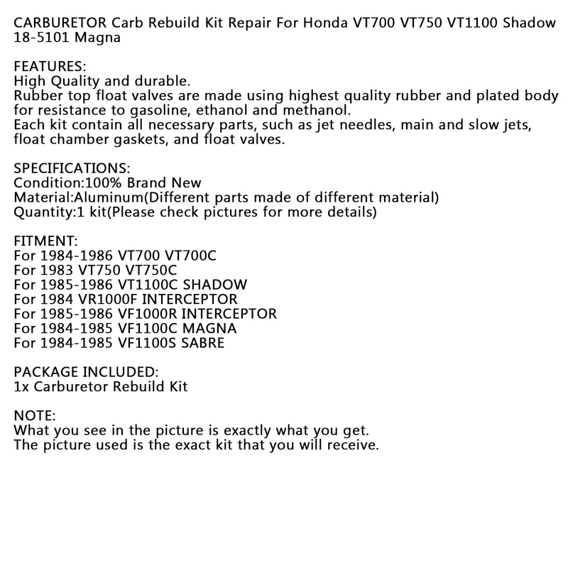 Carburetor Carb Rebuild Repair For Honda VT700 VT750 VT1100 Shadow 18-5101 Magna Generic