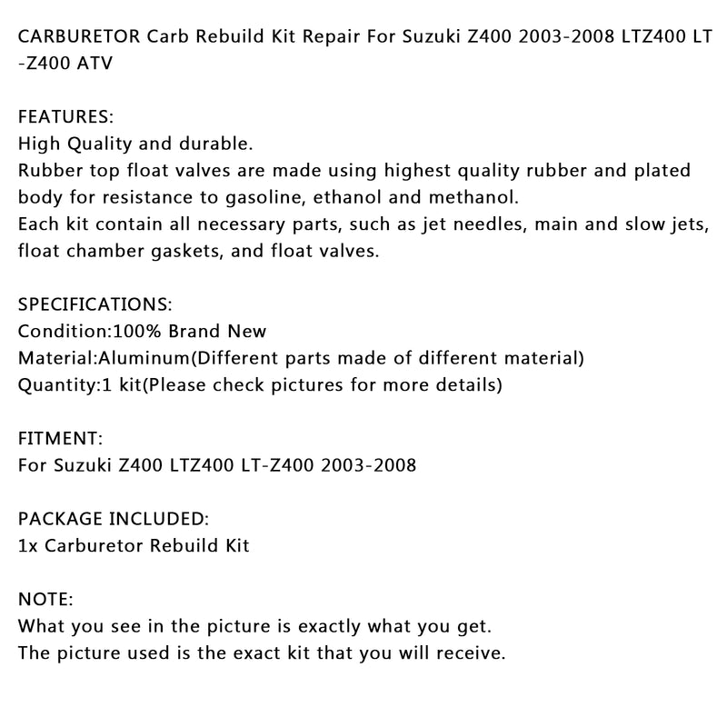 Carburetor Repair Carb Rebuild Kit For Suzuki Z400 2003-2008 LTZ400 LT-Z400 ATV Generic
