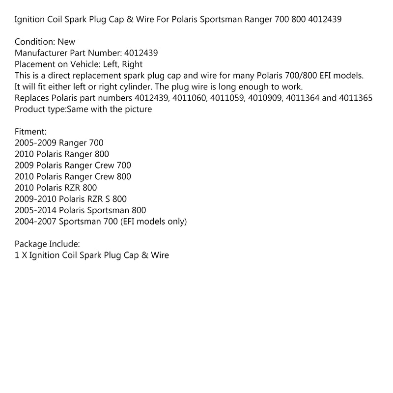 Ignition Coil Spark Plug Cap & Wire For Polaris Sportsman Ranger 700 800 4012439 Generic