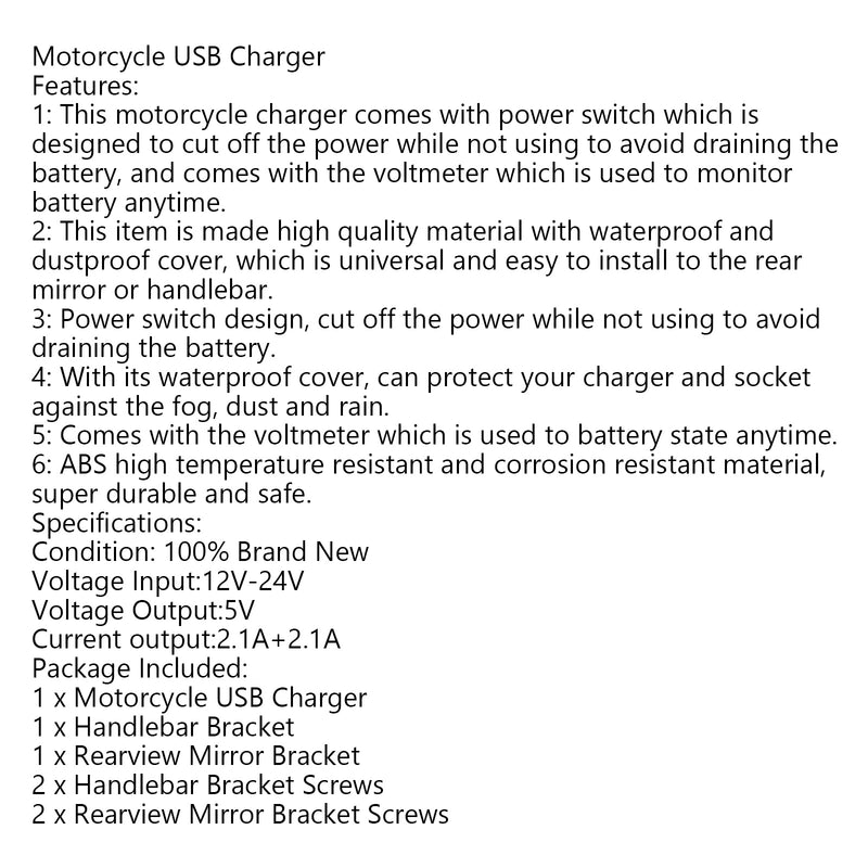 Motorcycle Motorbike USB Charger Power Adapter Socket Cell Phone GPS Waterproof Generic