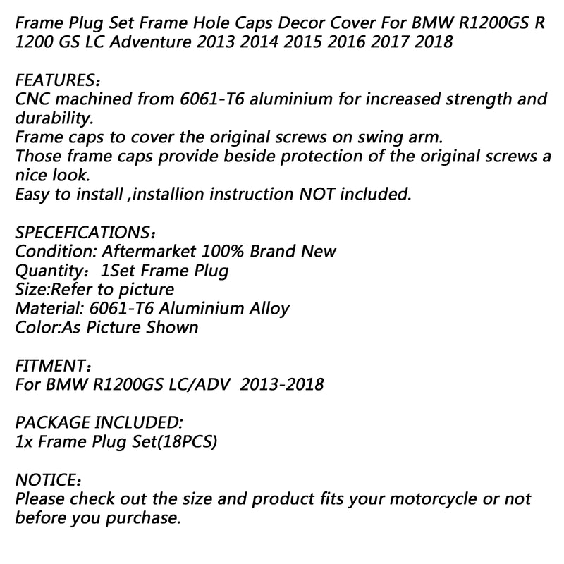 Frame Hole Caps Decor Cover 1 Set Aluminum For BMW R 1200 GS ADV LC 14-15 Generic
